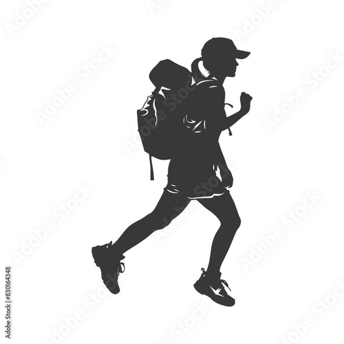 silhouette backpacker woman in action full body black color only