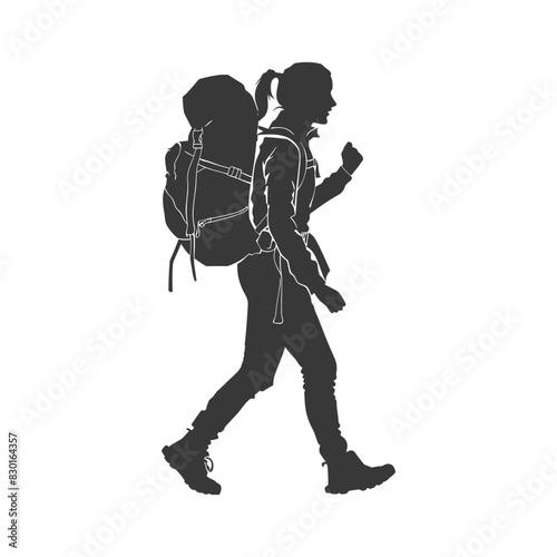 silhouette backpacker woman in action full body black color only
