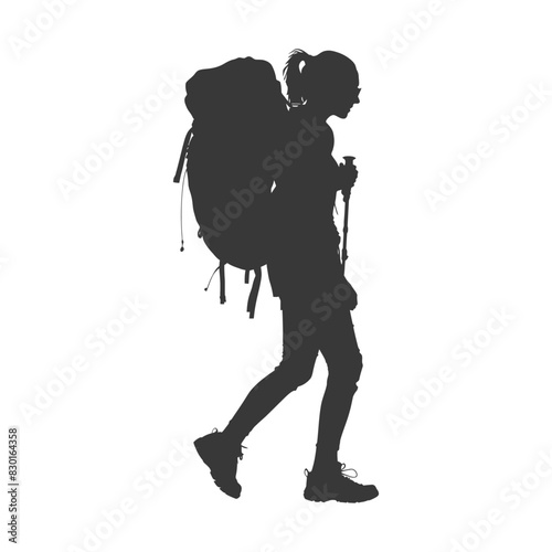 silhouette backpacker woman in action full body black color only