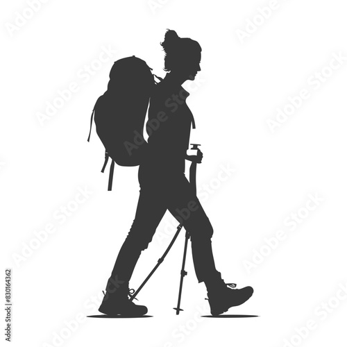 silhouette backpacker woman in action full body black color only
