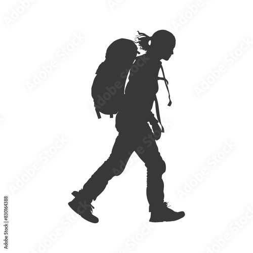 silhouette backpacker woman in action full body black color only