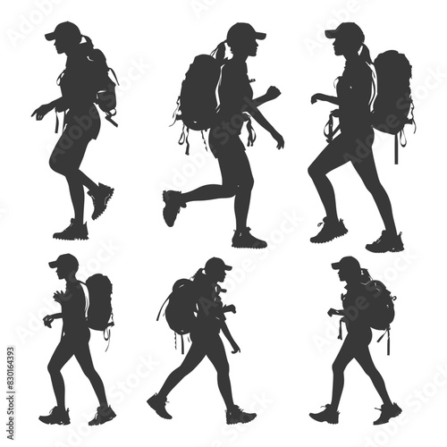 silhouette backpacker woman in action full body black color only