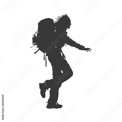 silhouette backpacker woman in action full body black color only