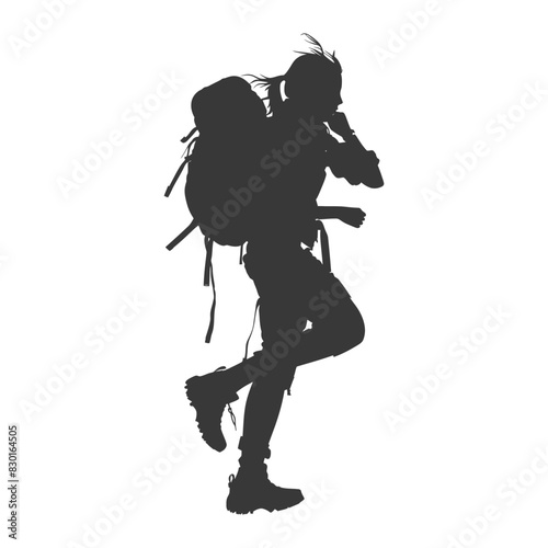 silhouette backpacker woman in action full body black color only