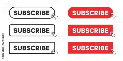 Subscribe Web Button in Red Rectangle and outline style. Computer mouse click cursor or arrow pointer symbol