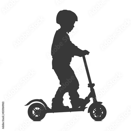 silhouette boy riding electric scooter full body black color only