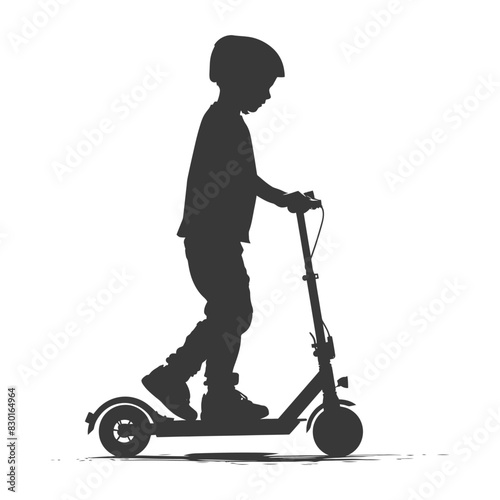 silhouette boy riding electric scooter full body black color only