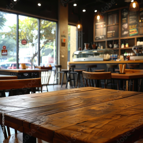 A quaint downtown café showcases its welcoming interior with rustic wooden furniture and large windows