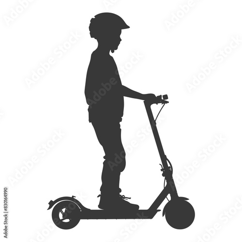 silhouette boy riding electric scooter full body black color only