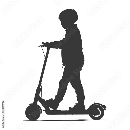 silhouette boy riding electric scooter full body black color only