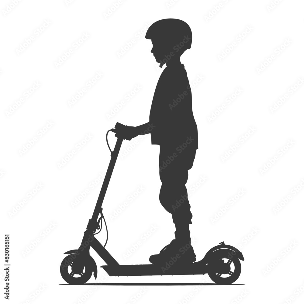 silhouette boy riding electric scooter full body black color only silhouette boy riding electric scooter full body black color only