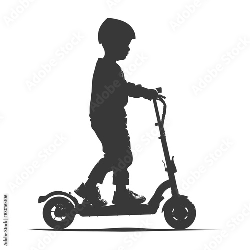 silhouette boy riding electric scooter full body black color only