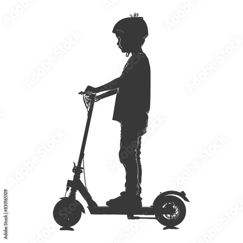 silhouette boy riding electric scooter full body black color only