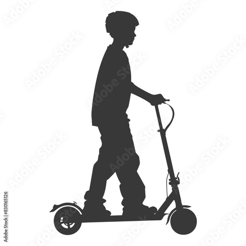 silhouette boy riding electric scooter full body black color only