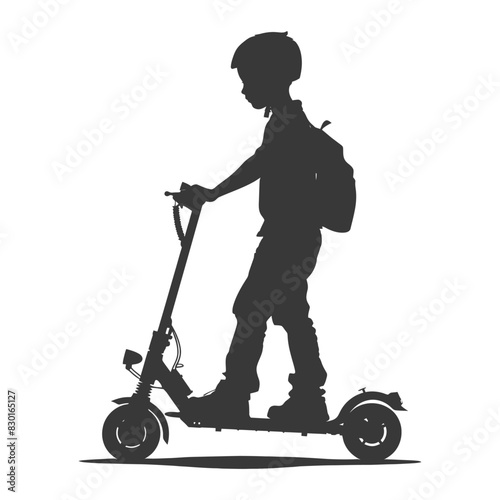 silhouette boy riding electric scooter full body black color only
