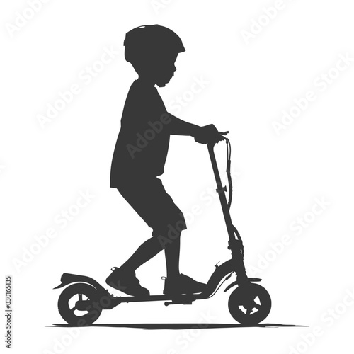 silhouette boy riding electric scooter full body black color only