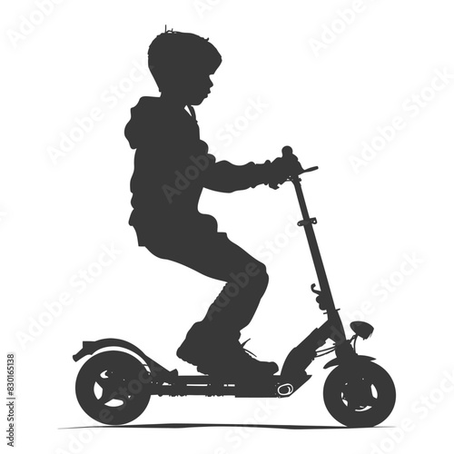 silhouette boy riding electric scooter full body black color only