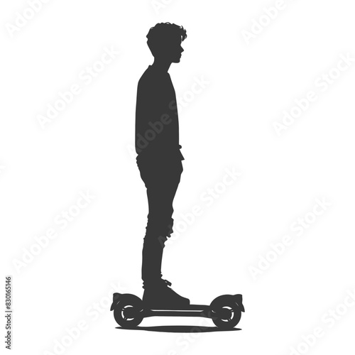 silhouette boy riding hoverboard full body black color only