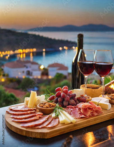 wine glasses, , cheese platter on a wooden board on the background of the Aegean sea