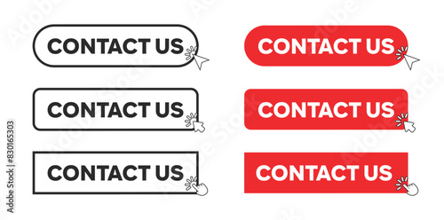 Contact Us Web Button in Red Rectangle and outline style. Computer mouse click cursor or arrow pointer symbol