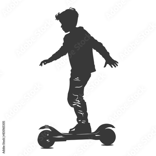 silhouette boy riding hoverboard full body black color only