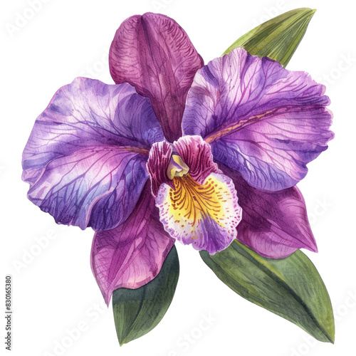 Purple orchid and iris flowers isolated on a white background, showcasing their vibrant colors and delicate petals