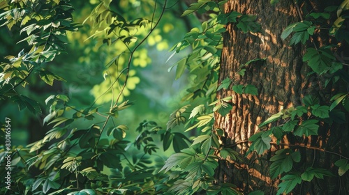 Tree trunk boughs and foliage against a backdrop of verdant hues