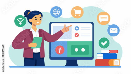 A teacher pointing to a screen displaying a social media platform discussing the importance of privacy settings and careful sharing of personal information in the digital world.. Vector illustration