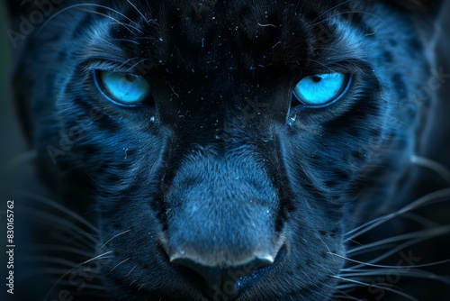 Black panther wild animal in the wild world, predator in African terrain on the hunt, blue neon shade