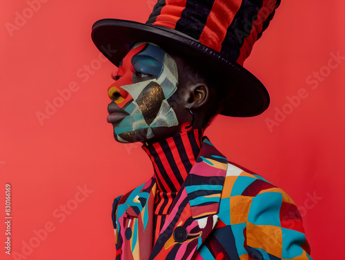 Woman with vibrant hats in circus style attire. buzzers in clothes in the style of circus aesthesis