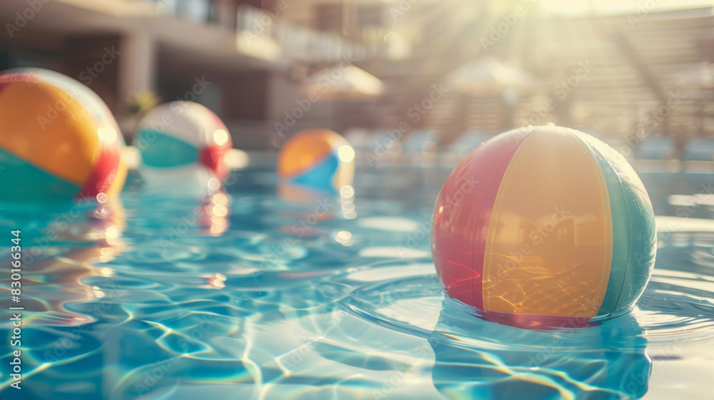 Colorful beach balls floating on the water in a swimming pool with a blurred background of a summer vacation hotel, with sunlight and shadow effects