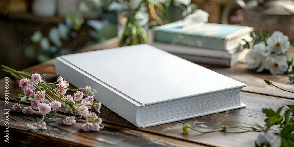 Mockup of a white blank hardcover book or notebook cover with flowers on a table - Closeup shot. Concept Photography, Mockup Design, Book Cover, Notebook Cover, Flowers, Closeup Shot, Table Setting Mockup of a white blank hardcover book or notebook cover with flowers on a table - Closeup shot. Concept Photography, Mockup Design, Book Cover, Notebook Cover, Flowers, Closeup Shot, Table Setting