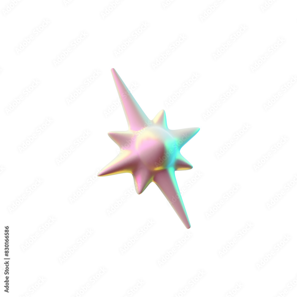 Vector eight-pointed 3D star with glossy oil finish and holographic reflection on a white background.