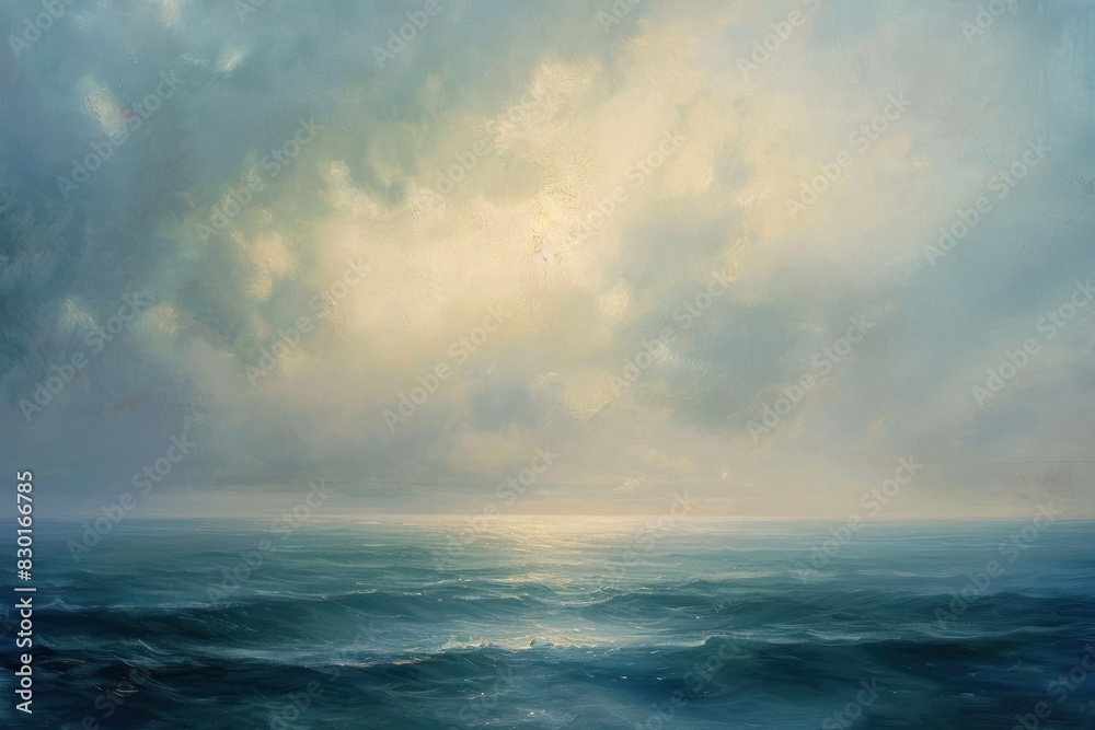 Obraz premium A painting of a cloudy sky with a calm ocean