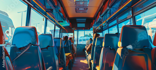 Inside view of a crowded tourist bus with numerous seats and passengers