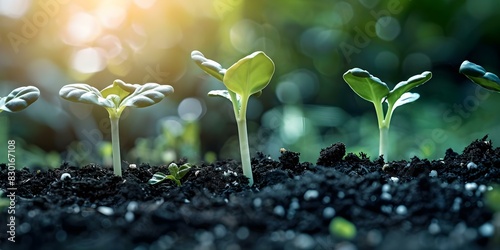 Nurturing Young Sprouts in Fertile Soil: A Showcase of Sustainable Agriculture Practices such as Carbon Sequestration and Water Conservation. Concept Sustainable Agriculture, Carbon Sequestration photo