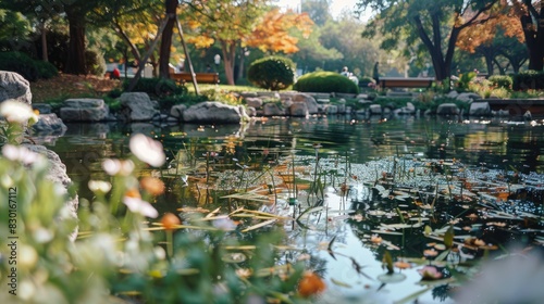 Taking pictures of duckweeds and fish at the pond in the park