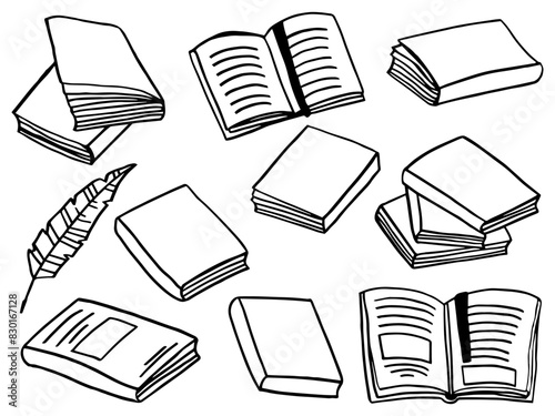 Doodle set of different black books in a linear style. A hand-drawn drawing of different variations of books.