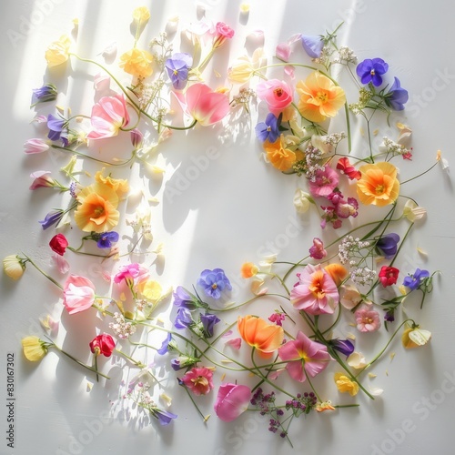 wildflowers decoration floral flatlay on white background, ai