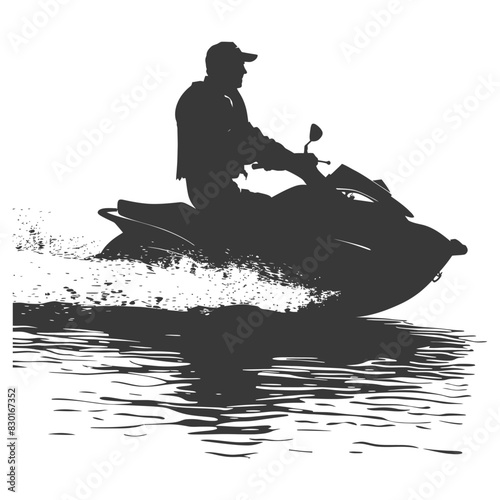 silhouette elderly man riding jet ski full body black color only
