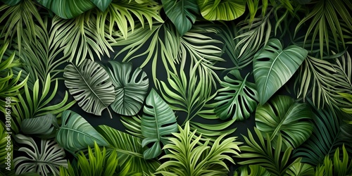 Hand-drawn tropical forest wallpaper with monstera and palm leaves pattern. Concept Art  Hand-drawn  Tropical  Forest  Wallpaper