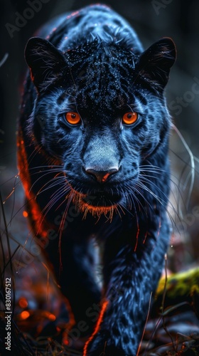 Black panther wild animal in the wild world, predator in African terrain on the hunt, blue neon shade