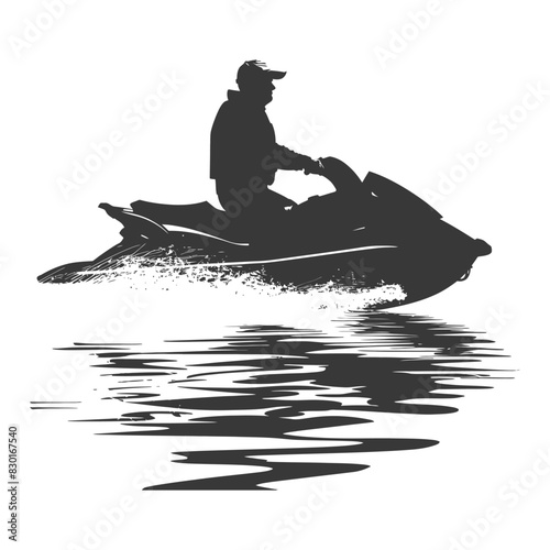 silhouette elderly man riding jet ski full body black color only