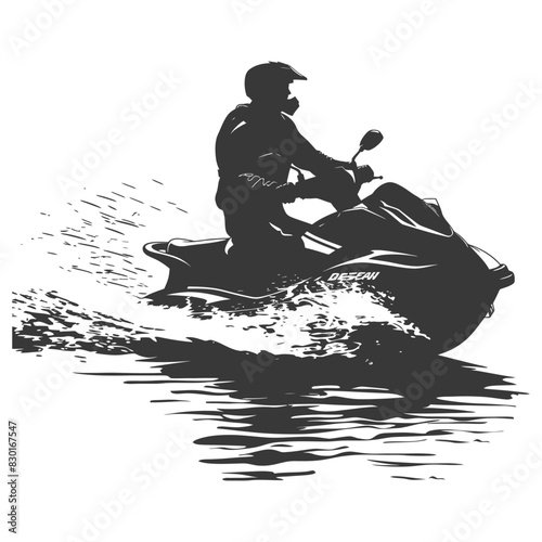 silhouette elderly man riding jet ski full body black color only