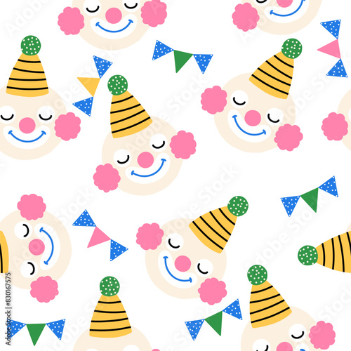 Seamless pattern with cartoon clown faces. Childish funny print. Vector hand drawn illustration.
