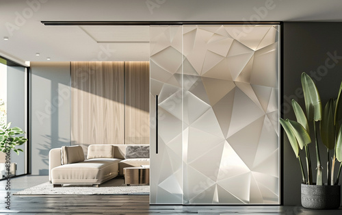 Sleek modern glass door with frosted geometric patterns, seamlessly blending into a minimalist living room. The light filtering through creates a serene and elegant ambiance.