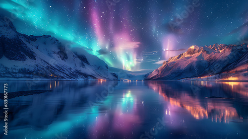 aweinspiring image of Northern Lights reflecting tranquil water of fjord Norway snowcapped mountain towering background ethereal dance of light color Arctic sky creates magical atmosphere enchanting o photo