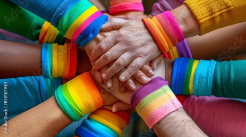 A diverse group of hands wearing rainbow wristbands join together in a display of unity, support, and solidarity for LGBTQ pride. photo