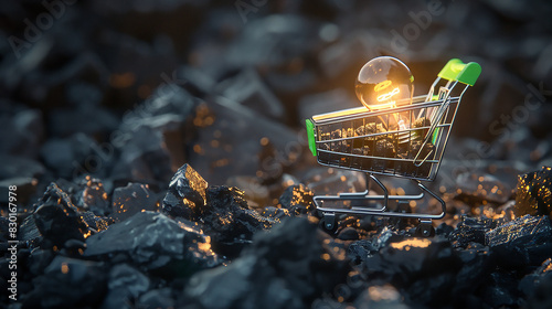 green Shopping cart with a glowing light bulb standing buried in a coal heap, high costs of obtaining energy from coal, business and environmental concept photo