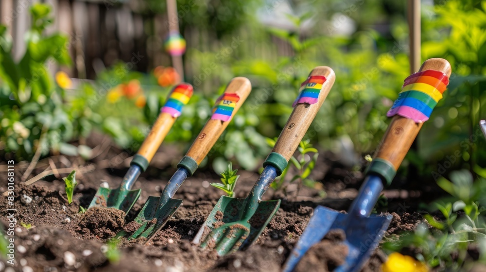 Close-up of garden trowels with rainbow handles stuck in the soil of a flower bed, ready for planting in a vibrant garden.